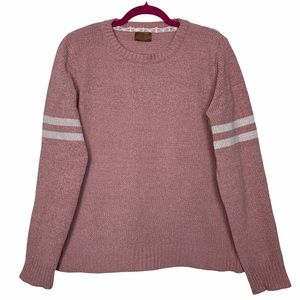 POL Pink Chenille Knit Soft Striped Sleeve Crewneck Pullover Comfy Sweater Small